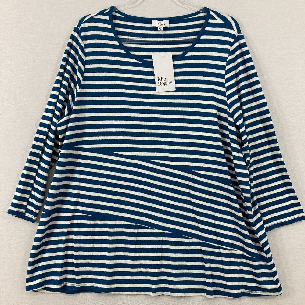 New Kim Rogers Blue White Striped Stretch Knit 3/4 Length Sleeve Comfy Top XXL